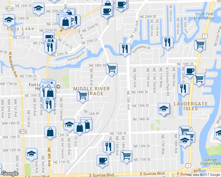 map of restaurants, bars, coffee shops, grocery stores, and more near 1600 Northeast 12th Terrace in Fort Lauderdale