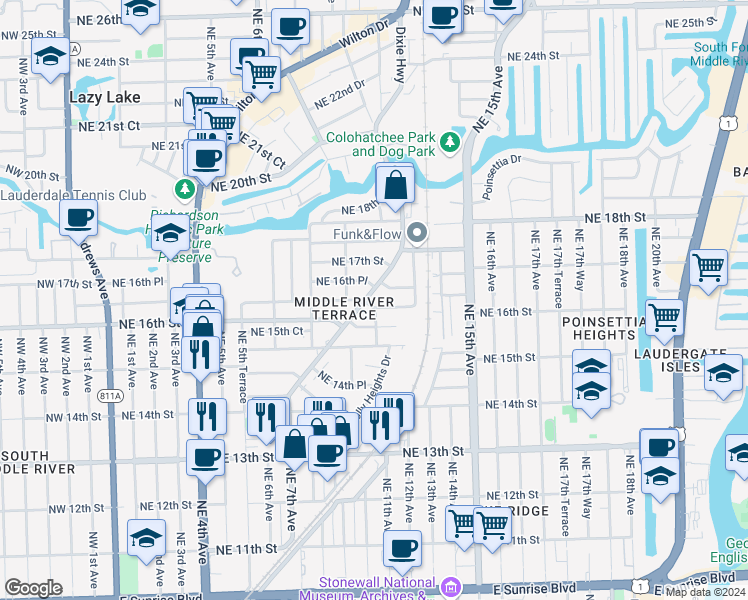 map of restaurants, bars, coffee shops, grocery stores, and more near 1610 Northeast 11th Avenue in Fort Lauderdale