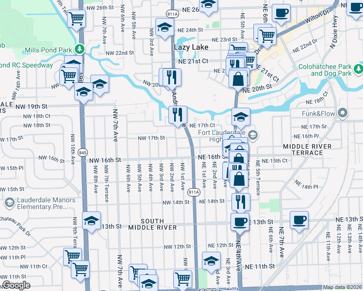 map of restaurants, bars, coffee shops, grocery stores, and more near 34 Northeast 16th Court in Fort Lauderdale