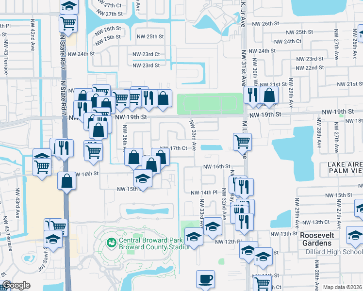 map of restaurants, bars, coffee shops, grocery stores, and more near 3366 Northwest 17th Court in Fort Lauderdale