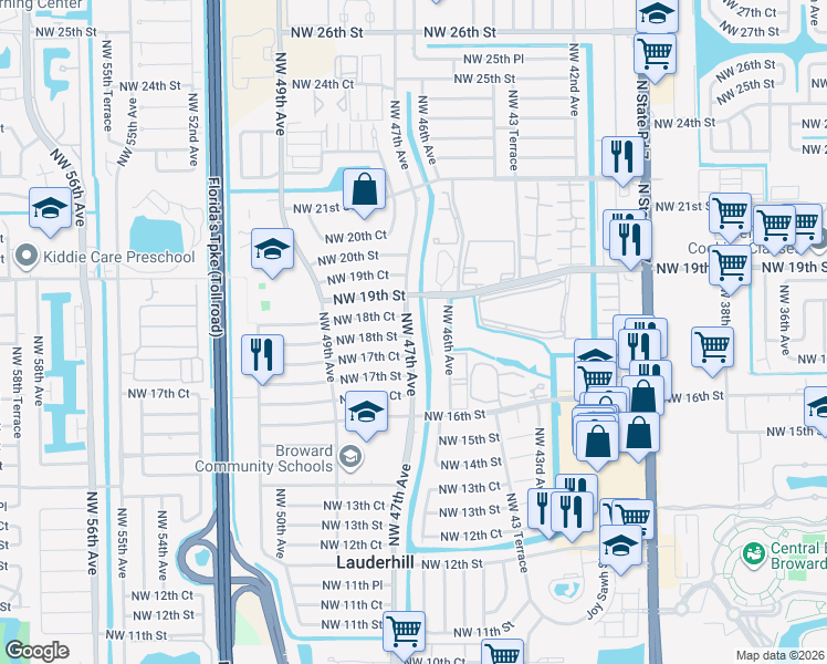 map of restaurants, bars, coffee shops, grocery stores, and more near 4710 Northwest 18th Street in Lauderhill