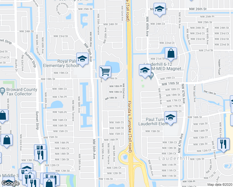 map of restaurants, bars, coffee shops, grocery stores, and more near 5317 Northwest 18th Street in Lauderhill