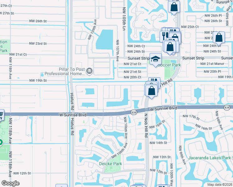 map of restaurants, bars, coffee shops, grocery stores, and more near 1850 Northwest 107th Terrace in Plantation