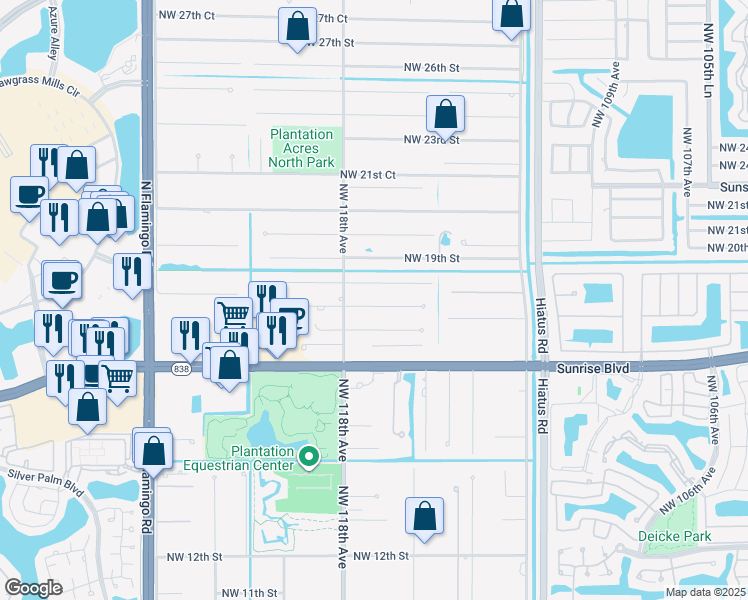 map of restaurants, bars, coffee shops, grocery stores, and more near 11650 Northwest 18th Street in Plantation