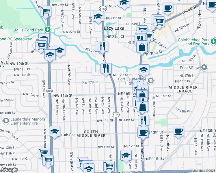 map of restaurants, bars, coffee shops, grocery stores, and more near 34 Northeast 16th Court in Fort Lauderdale