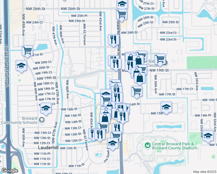 map of restaurants, bars, coffee shops, grocery stores, and more near 4045 Northwest 16th Street in Lauderhill
