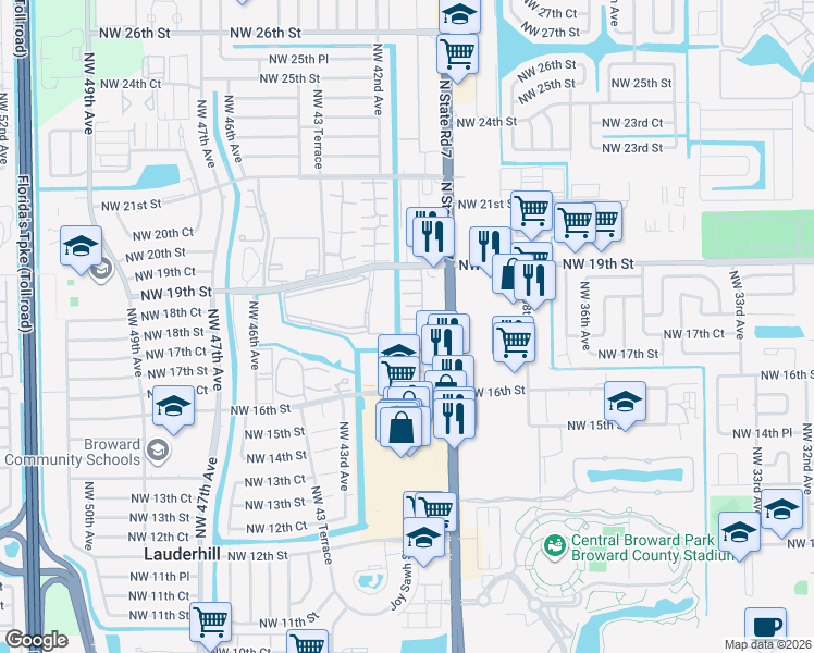 map of restaurants, bars, coffee shops, grocery stores, and more near 4045 Northwest 16th Street in Lauderhill