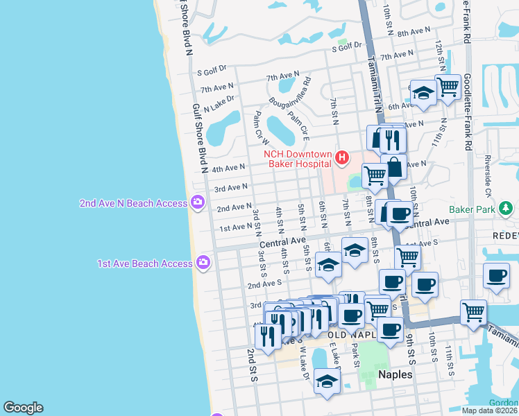 map of restaurants, bars, coffee shops, grocery stores, and more near 136 3rd Street North in Naples