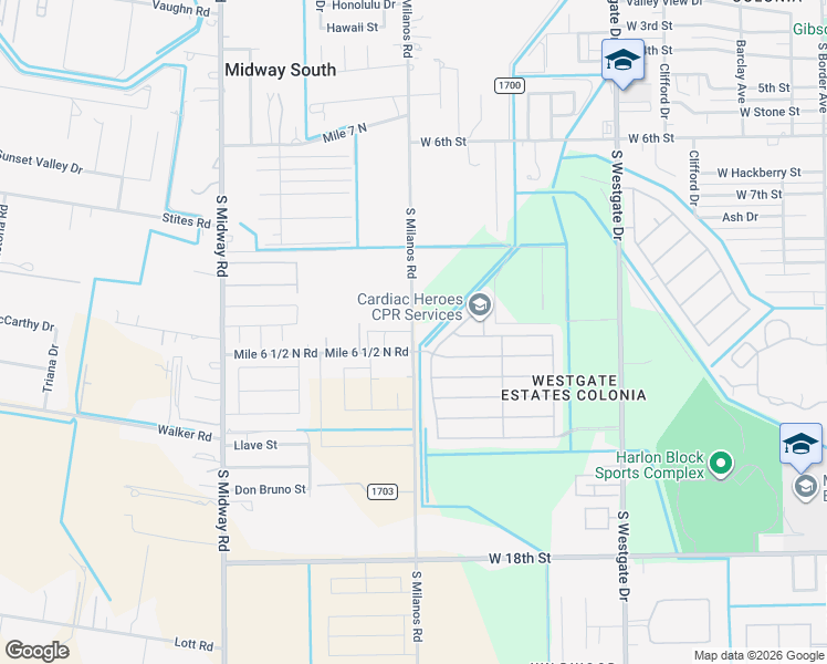 map of restaurants, bars, coffee shops, grocery stores, and more near 1145 South Milanos Road in Weslaco