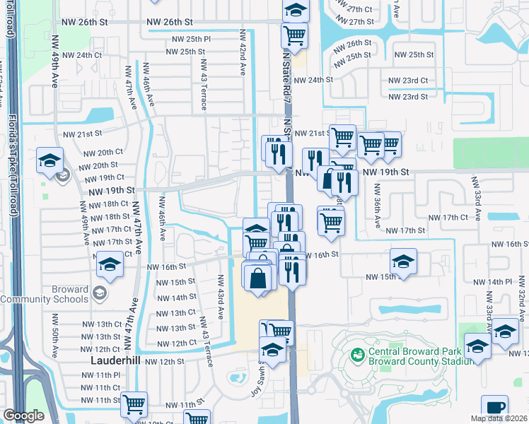 map of restaurants, bars, coffee shops, grocery stores, and more near 4045 Northwest 16th Street in Lauderhill