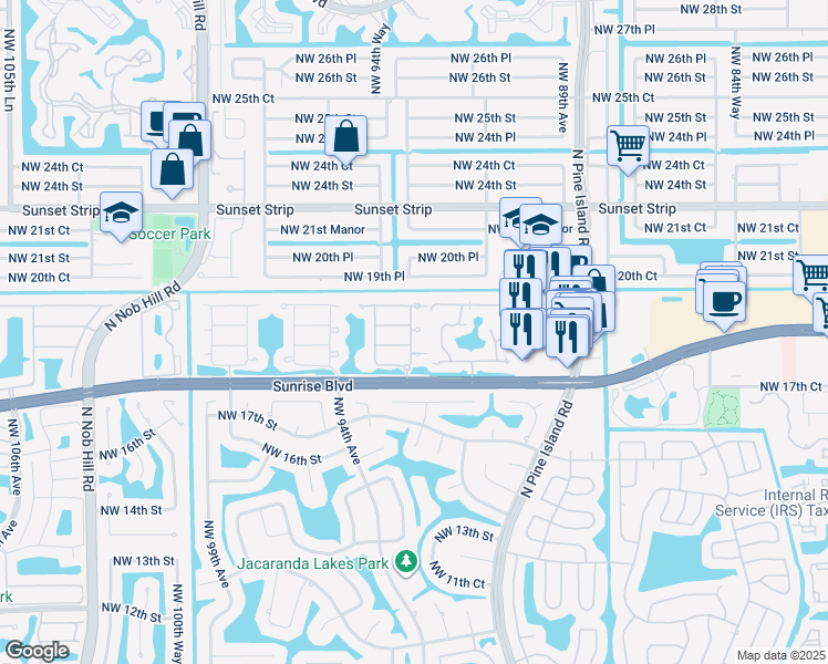 map of restaurants, bars, coffee shops, grocery stores, and more near 1838 Northwest 93rd Terrace in Plantation