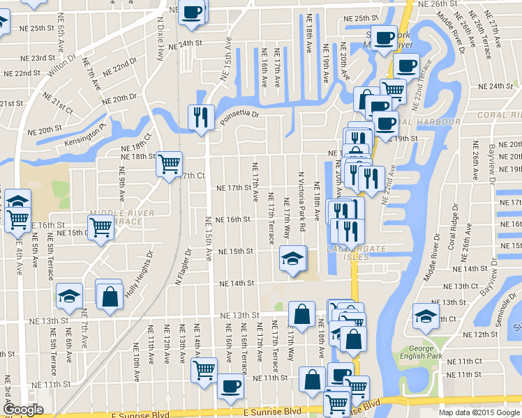 map of restaurants, bars, coffee shops, grocery stores, and more near 1601 Northeast 17th Terrace in Fort Lauderdale