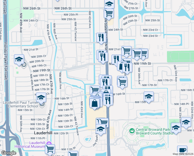 map of restaurants, bars, coffee shops, grocery stores, and more near 4045 Northwest 16th Street in Lauderhill