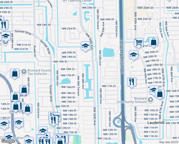 map of restaurants, bars, coffee shops, grocery stores, and more near 1800 Northwest 58th Avenue in Lauderhill