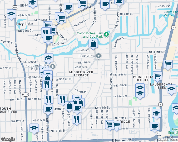map of restaurants, bars, coffee shops, grocery stores, and more near 1610 Northeast 11th Avenue in Fort Lauderdale