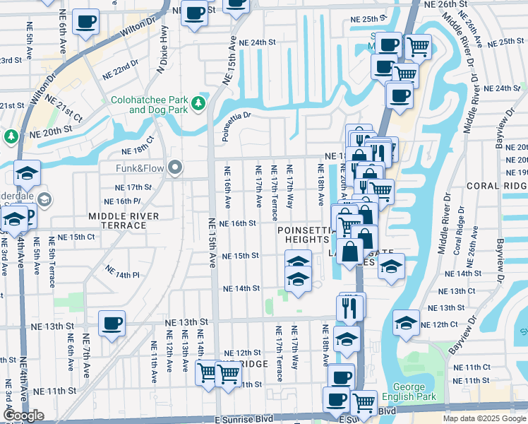 map of restaurants, bars, coffee shops, grocery stores, and more near 1601 Northeast 17th Terrace in Fort Lauderdale