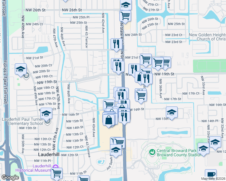 map of restaurants, bars, coffee shops, grocery stores, and more near 4045 Northwest 16th Street in Lauderhill