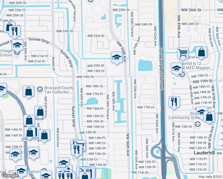 map of restaurants, bars, coffee shops, grocery stores, and more near 1800 Northwest 58th Avenue in Lauderhill