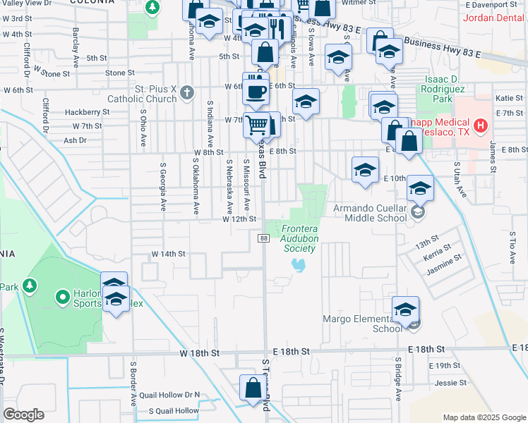 map of restaurants, bars, coffee shops, grocery stores, and more near in Weslaco