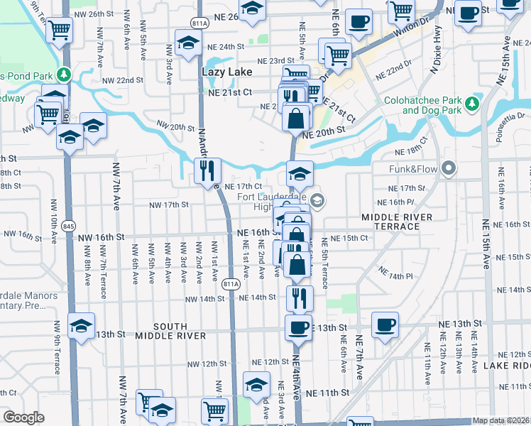 map of restaurants, bars, coffee shops, grocery stores, and more near 6 Northeast 3rd Avenue in Fort Lauderdale