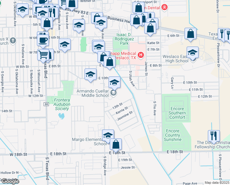 map of restaurants, bars, coffee shops, grocery stores, and more near 1201 South Bridge Avenue in Weslaco