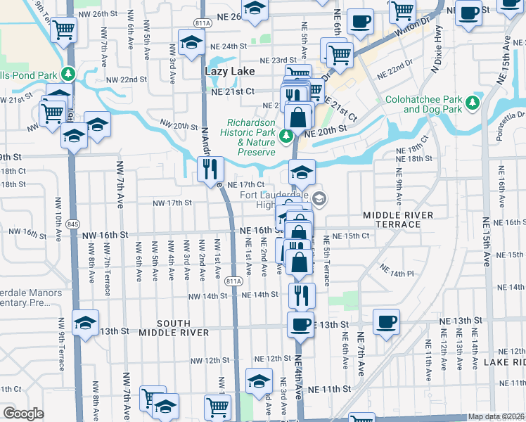 map of restaurants, bars, coffee shops, grocery stores, and more near 6 Northeast 3rd Avenue in Fort Lauderdale