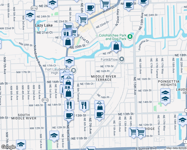 map of restaurants, bars, coffee shops, grocery stores, and more near 1617 Northeast 8th Avenue in Fort Lauderdale