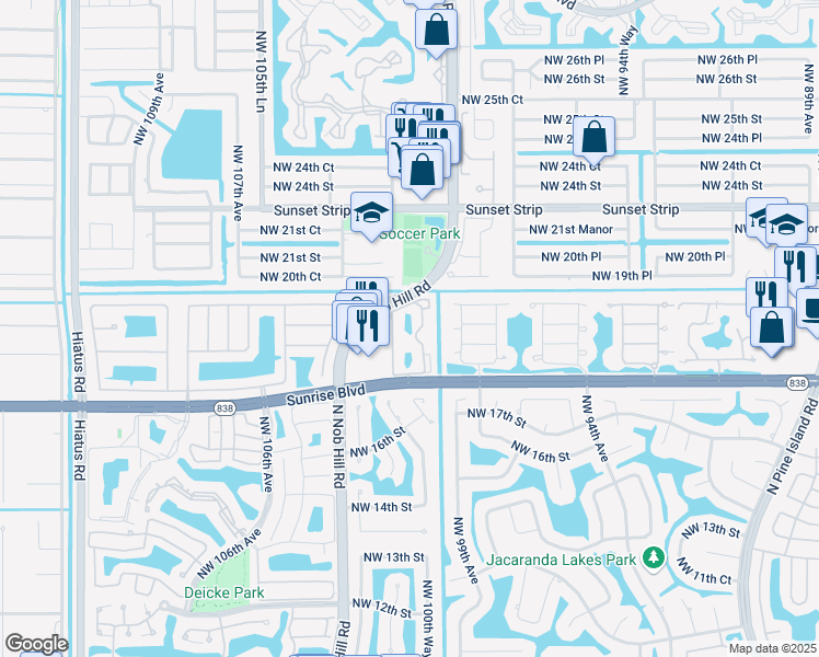 map of restaurants, bars, coffee shops, grocery stores, and more near 10145 West Sunrise Boulevard in Plantation