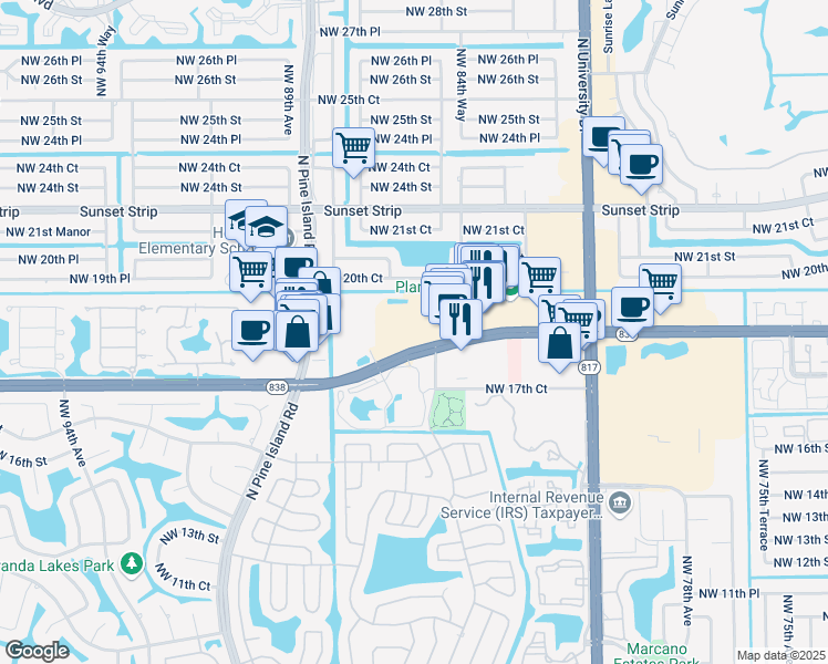 map of restaurants, bars, coffee shops, grocery stores, and more near 8501 West Sunrise Boulevard in Plantation