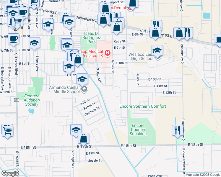 map of restaurants, bars, coffee shops, grocery stores, and more near 1316 Jasmine Street in Weslaco
