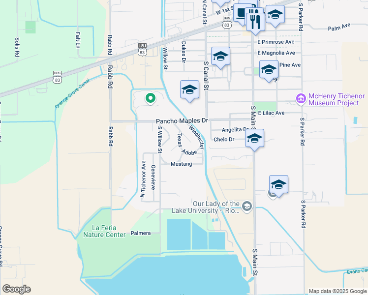 map of restaurants, bars, coffee shops, grocery stores, and more near 619 Adobe in La Feria