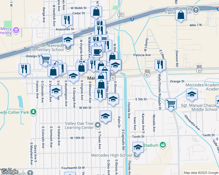 map of restaurants, bars, coffee shops, grocery stores, and more near 342 West 4th Street in Mercedes