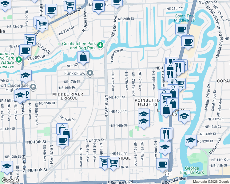 map of restaurants, bars, coffee shops, grocery stores, and more near 1515 Northeast 16th Street in Fort Lauderdale