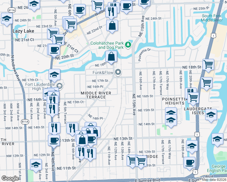 map of restaurants, bars, coffee shops, grocery stores, and more near 1600 Northeast 12th Terrace in Fort Lauderdale