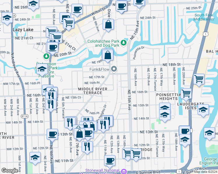 map of restaurants, bars, coffee shops, grocery stores, and more near 1600 Northeast 12th Terrace in Fort Lauderdale
