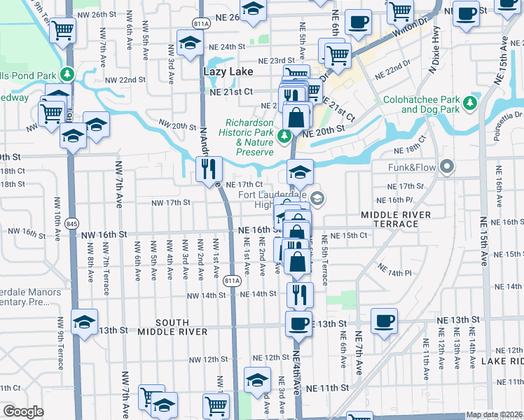map of restaurants, bars, coffee shops, grocery stores, and more near 6 Northeast 3rd Avenue in Fort Lauderdale