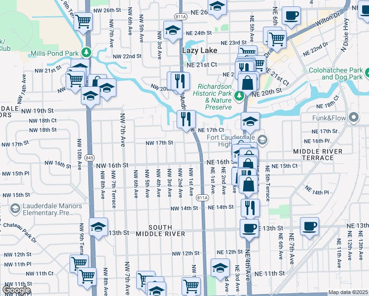 map of restaurants, bars, coffee shops, grocery stores, and more near 1614 Northwest 2nd Avenue in Fort Lauderdale