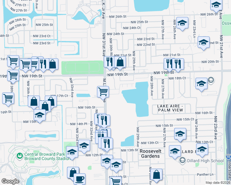 map of restaurants, bars, coffee shops, grocery stores, and more near 3030 Northwest 17th Street in Fort Lauderdale
