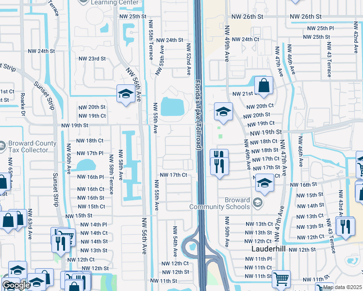 map of restaurants, bars, coffee shops, grocery stores, and more near 5317 Northwest 18th Street in Lauderhill