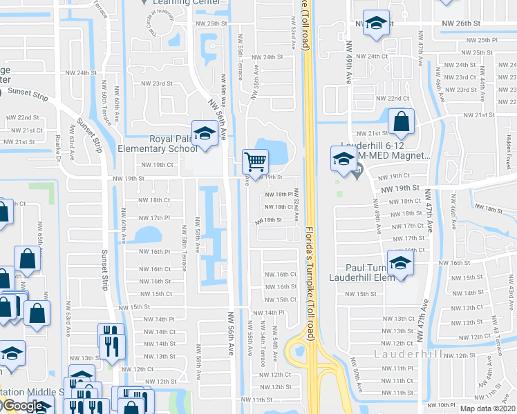 map of restaurants, bars, coffee shops, grocery stores, and more near 1800 Northwest 55th Avenue in Lauderhill