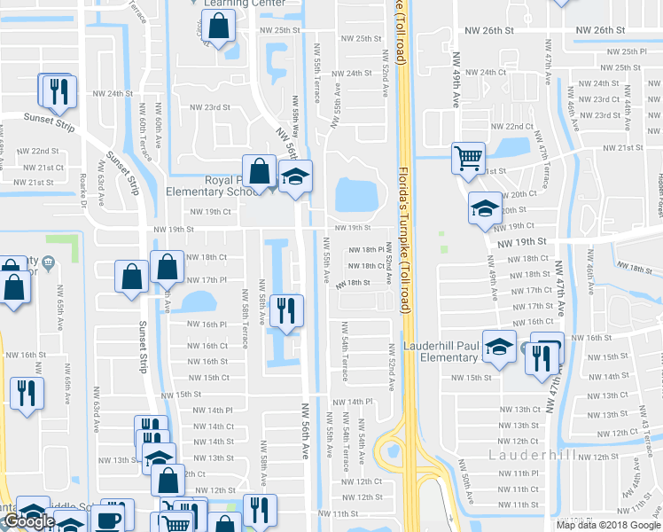 map of restaurants, bars, coffee shops, grocery stores, and more near 1800 Northwest 55th Avenue in Lauderhill