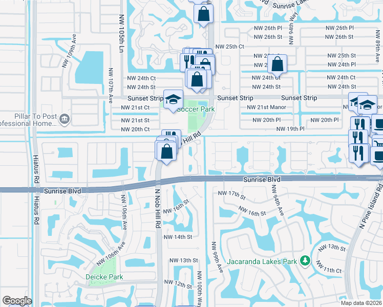 map of restaurants, bars, coffee shops, grocery stores, and more near 10145 West Sunrise Boulevard in Plantation