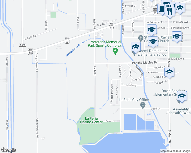 map of restaurants, bars, coffee shops, grocery stores, and more near 28553 Rabb Road in La Feria