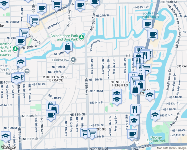 map of restaurants, bars, coffee shops, grocery stores, and more near 1515 Northeast 16th Street in Fort Lauderdale