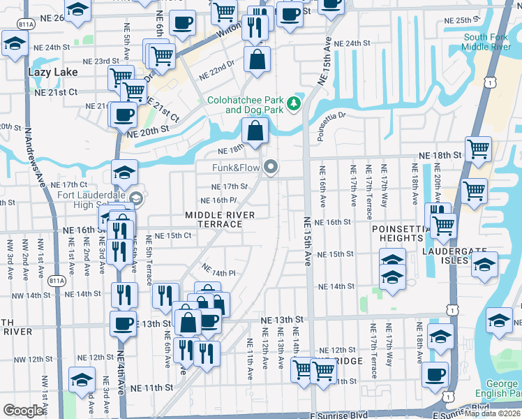map of restaurants, bars, coffee shops, grocery stores, and more near 1600 Northeast 12th Terrace in Fort Lauderdale