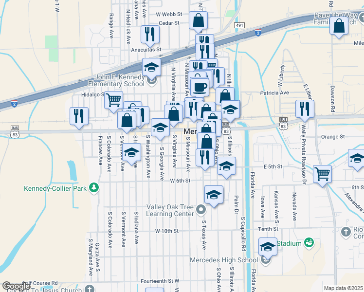 map of restaurants, bars, coffee shops, grocery stores, and more near 340 West 4th Street in Mercedes