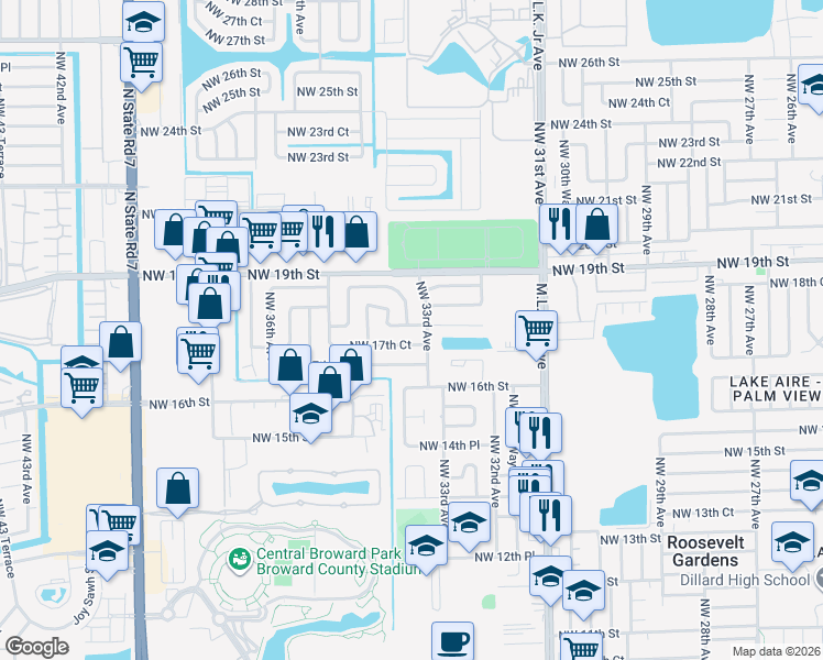 map of restaurants, bars, coffee shops, grocery stores, and more near 3320 Northwest 18th Street in Fort Lauderdale