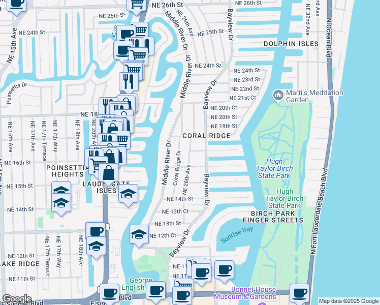 map of restaurants, bars, coffee shops, grocery stores, and more near 1609 Northeast 26th Avenue in Fort Lauderdale