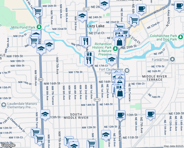map of restaurants, bars, coffee shops, grocery stores, and more near 34 Northeast 16th Court in Fort Lauderdale