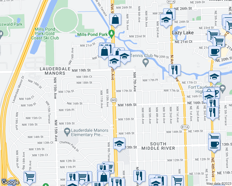 map of restaurants, bars, coffee shops, grocery stores, and more near 1620 Northwest 9th Avenue in Fort Lauderdale